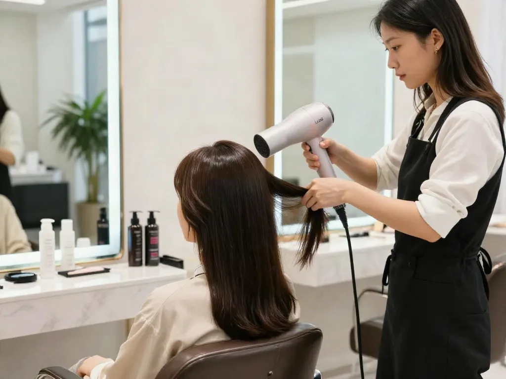 Stylistin verwendet den Laifen Ionen Haartrockner für glänzendes Haar in modernem Salon.